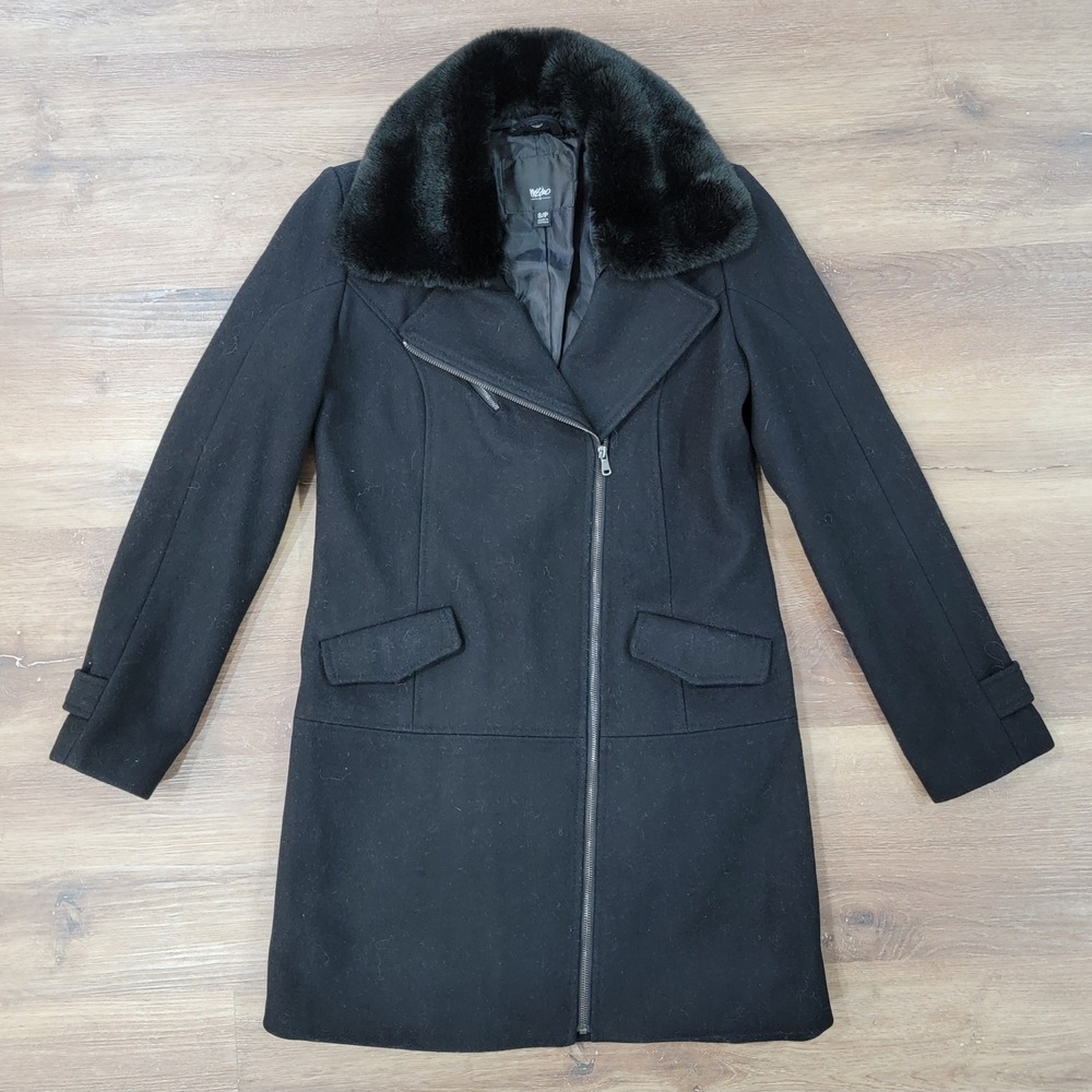Mossimo Women's Black Faux Fur Collar Wool Blend Coat Jacket Size Small Petite